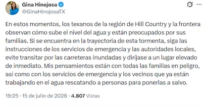 Gina Hinojosa le pidió a la ciudadanía que siga las instrucciones de emergencia ante la inundaciones
