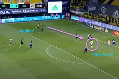 Gol de cabeza de Agustín Palavecino (River) a Boca, tras un centro de Angileri desde la izquierda; fue en el anterior empate 1-1, en la Bombonera