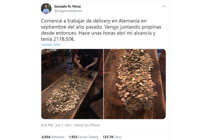 Gonzalo contó en su cuenta de Twitter que abrió la alcancía y tenía 2118,50 euros, los ahorros de la propina que recibió durante 9 meses