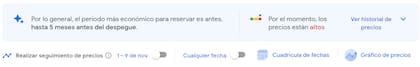 Google Flights tiene distintas funciones que permiten encontrar los vuelos más baratos como el historial de precio, el seguimiento del mismo y las cuadrículas y gráficos