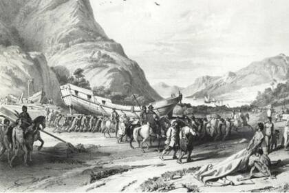 Grabado del siglo XVI donde se muestra a los españoles llevando botes de Tlaxcala a Tenochtitlan (hoy Ciudad de México)