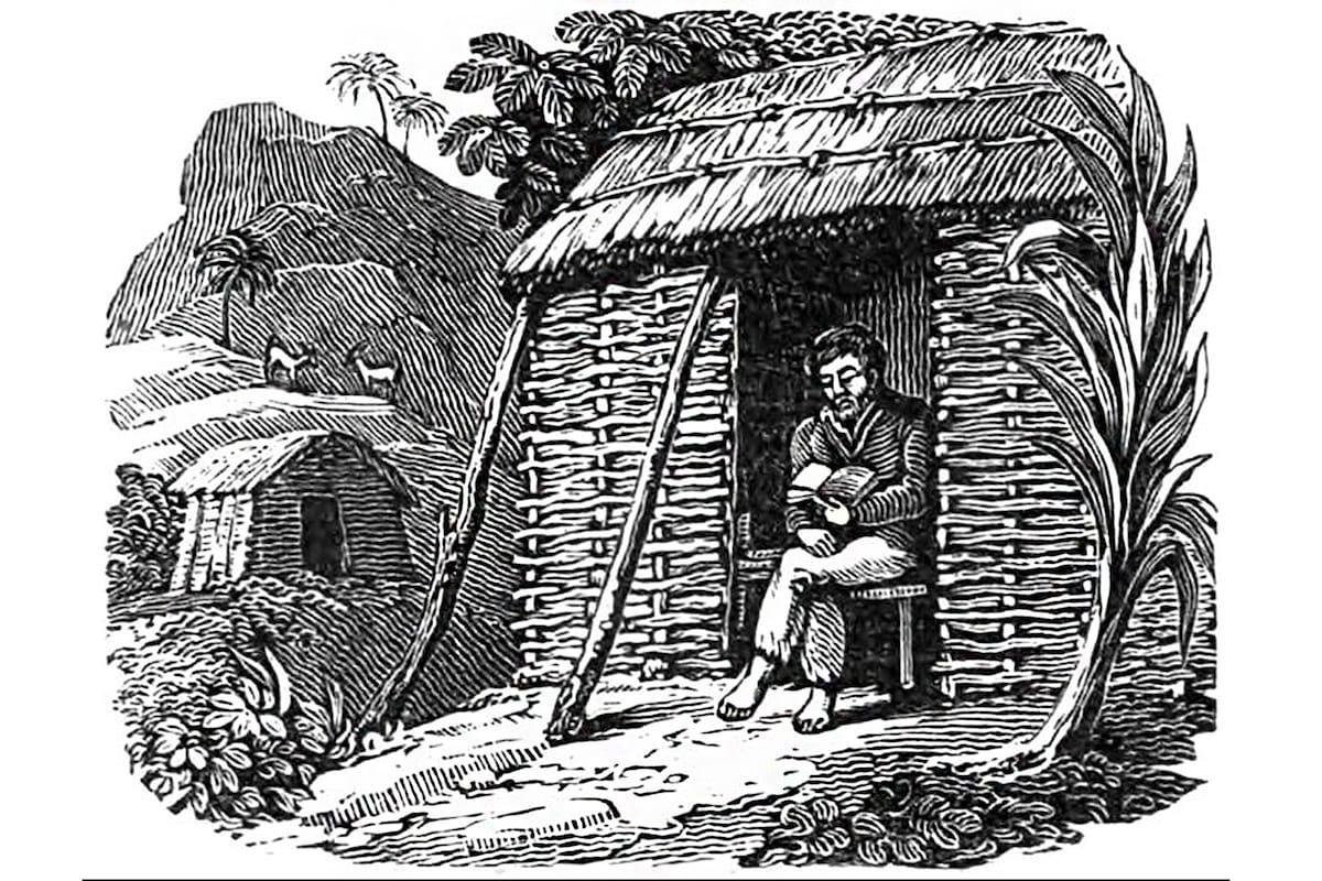 Grabado incluido dentro de la obra "La vida y aventuras de Alexander Selkirk, el auténtico Robinson Crusoe. Una narración basada en hechos reales " publicada en 1837. En esta en concreto vemos las dos cabañas que Selkirk construiría en la isla, una dedicada a guardar sus provisiones y dond