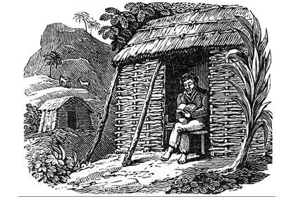 Grabado incluido dentro de la obra "La vida y aventuras de Alexander Selkirk, el auténtico Robinson Crusoe. Una narración basada en hechos reales " publicada en 1837. En esta en concreto vemos las dos cabañas que Selkirk construiría en la isla, una dedicada a guardar sus provisiones y dond