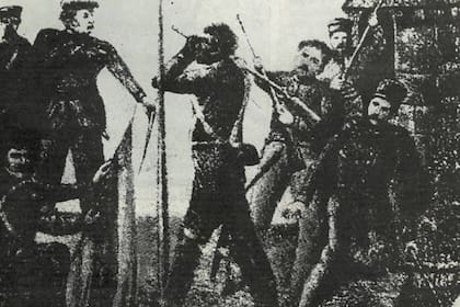 Grabado que muestra al Negro Falucho destruyendo su fusil contra el asta de la bandera como acto de reproche porque lo quisieron obligar a honrar la bandera española