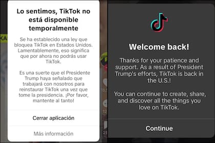 “Gracias a los esfuerzos del presidente Trump, TikTok regresó a Estados Unidos”, decía la notificación enviada por la plataforma