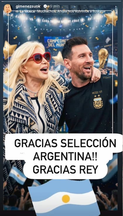 "¡Gracias selección Argentina, gracias rey!", remarcó Susana Giménez en una historia de Instagram en la que compartió una imagen realizada con inteligencia artificial