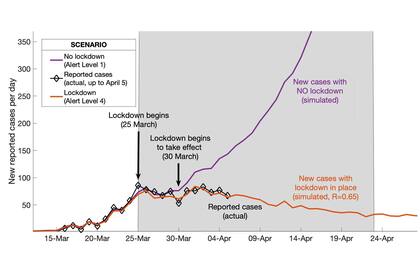Gráfico que muestra la proyección de los casos en Nueva Zelanda si no se hubiese aplicado el confinamiento versus la situación real