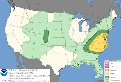 Gran parte de Virginia y Carolina del Norte se encuentran bajo un Nivel 2 de 5 de clima severo, con amenazas de vientos destructivos, granizo y tornados aislados