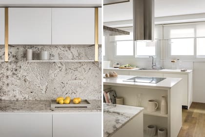 Granito ‘Alpinus’ (Ragolia). El resto de las mesadas blancas son de Silestone ‘White Storm’. Campana Franke (Artefactos Exclusivos). Bacha (Johnson Acero). Grifería (Piazza).