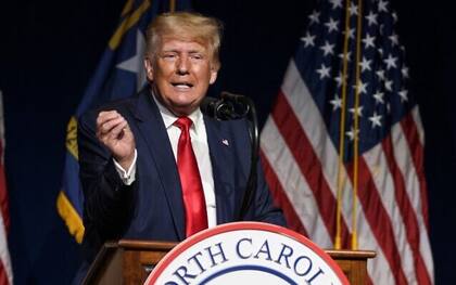 GREENVILLE, NC - JUNE 05: Former U.S. President Donald Trump addresses the NCGOP state convention on June 5, 2021 in Greenville, North Carolina. The event is one of former U.S. President Donald Trumps first high-profile public appearances since leaving the White House in January. Melissa Sue Gerrits/Getty Images/AFP (Photo by Melissa Sue Gerrits / GETTY IMAGES NORTH AMERICA / Getty Images via AFP)