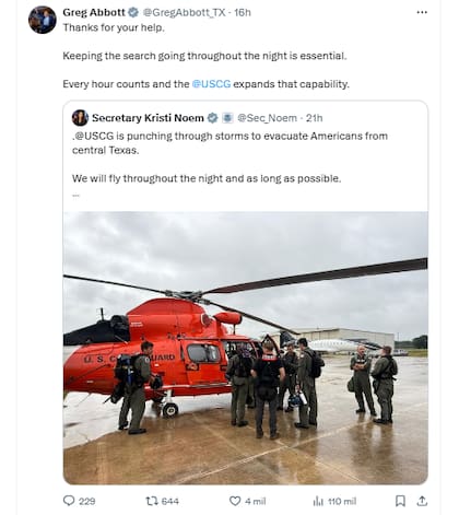 Greg Abbott agradeció a Kristi Noem por el envío de helicópteros de la Guardia Costera para dar apoyo con la búsqueda y rescate de afectados por las inundaciones en Texas.
