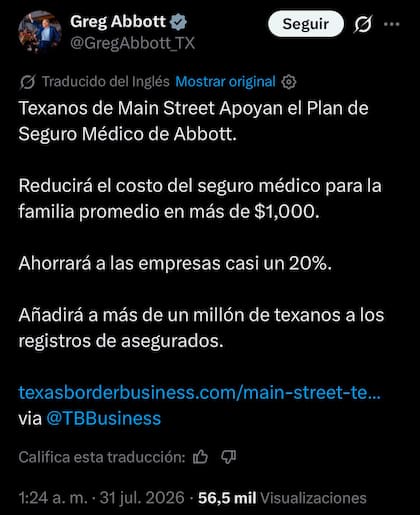 Greg Abbott aseguró que su nuevo plan permitirá reducir en más de US$1000 al año el costo del seguro médico para una familia promedio en Texas