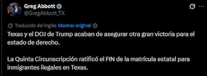Greg Abbott celebró en redes el fin de la matrícula para estudiantes indocumentados en Texas