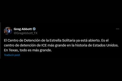 Greg Abbott presentó la apertura en redes sociales y celebró que Texas concentre el centro de detención más grande en la historia de Estados Unidos