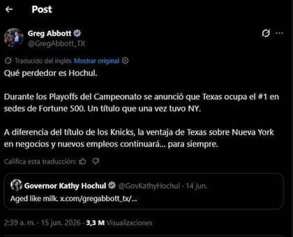 Greg Abbott protagonizó un fuerte cruce de palabras con la gobernadora de Nueva York, Kathy Hochul