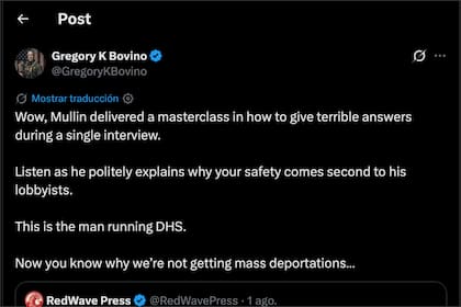 Gregory Bovino escribió un mensaje en redes sociales contra Markwayne Mullin y lo acusó de ser el responsable de una disminución en las deportaciones masivas