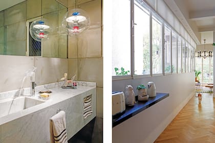 Grifería ‘Axor V’ de Philippe Starck. "Me resulta muy lindo ver qué es lo que pasa adentro de una canilla, un lugar visualmente hermético". Revestimientos similares al hormigón armado (Bará).