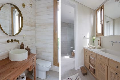 Griferías (Robinet). Bacha de la cápsula de Belgika Home para Zettaconcrete. Mueble (Casa Góngora). Pisos de calcáreos (Gatti Calcáreos). En el baño en suite, mueble diseñado por Ani con mesada de Purastone ‘Blanco Cana’. Alfombra (Seara).