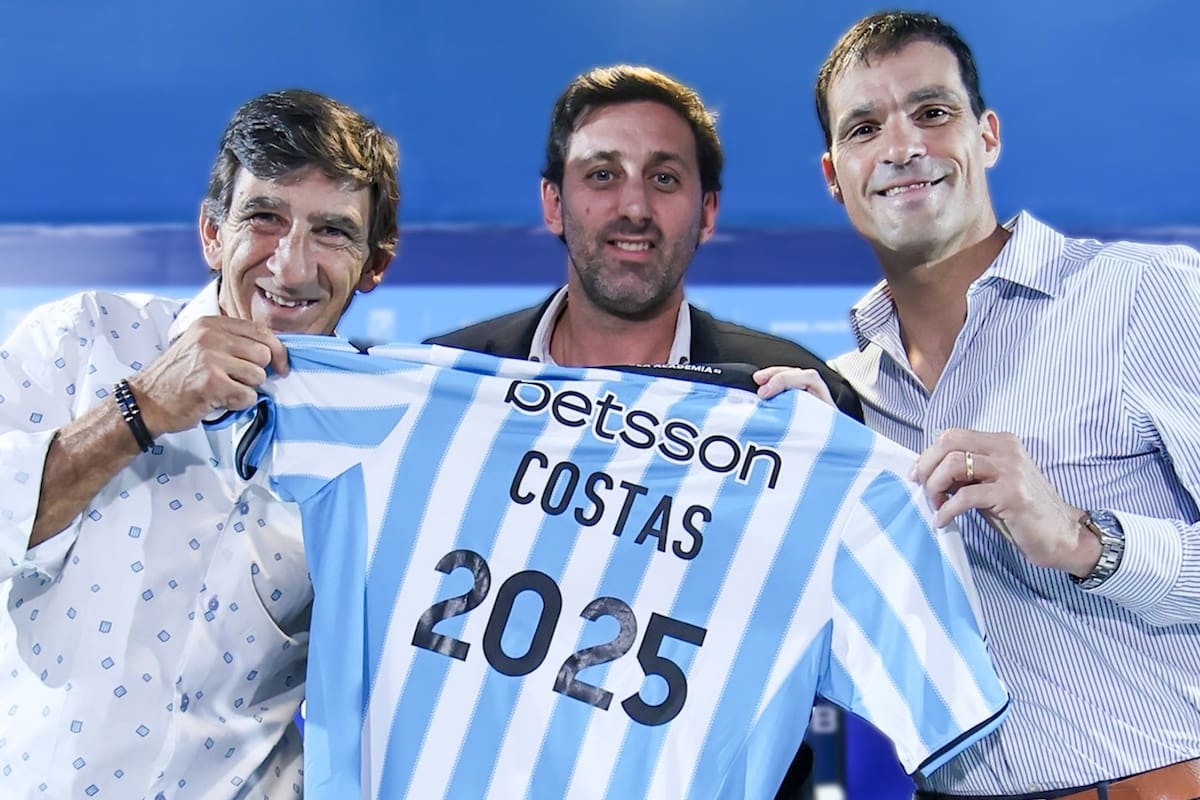 Gustavo Costas, Diego Milito y Sebastián Saja al presentar la extensión del contrato, a fines del año pasado; ahora el presidente y el director Racing proponen al entrenador seguir hasta diciembre de 2028.