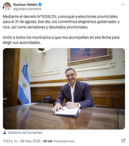 Gustavo Valdés, el gobernador de Corrientes, anunció la fecha de las elecciones provinciales