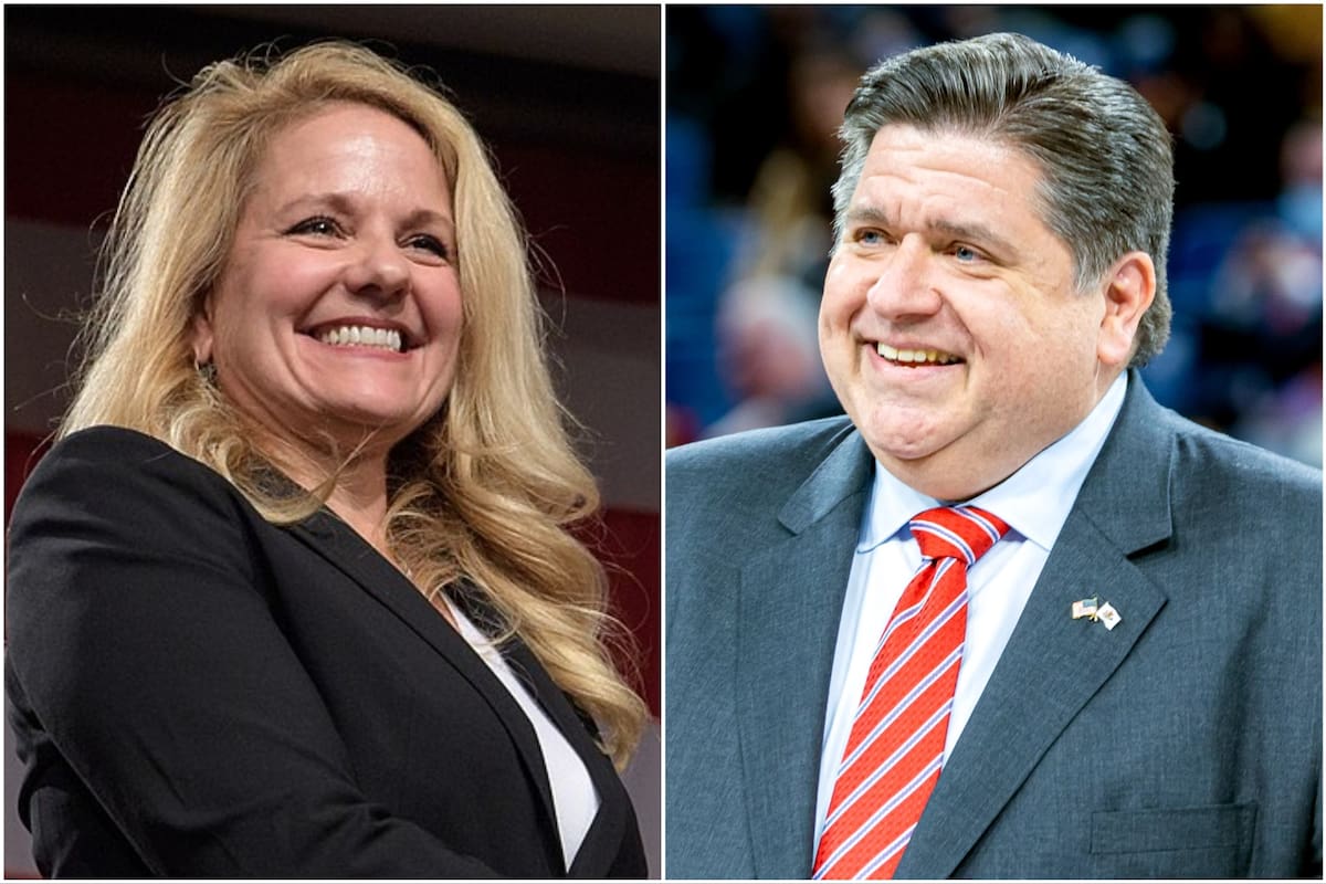 Gwynne Shotwell, presidenta de SpaceX, y el gobernador de Illinois, J.B. Pritzker; ambos nacieron en ese estado y figuran entre los multimillonarios del ranking de Forbes 2026
