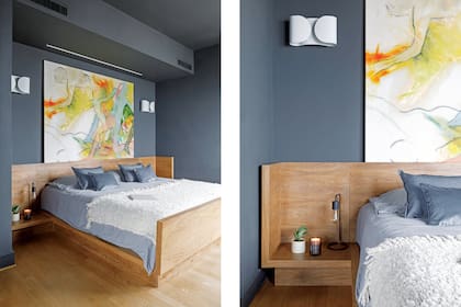 Sobre la pared, apliques ‘Foglio’ (Flos Italia); obra de arte (Sofía Mastai para Diderot.Art). Edredón (Ikea) y almohadones de pana gris (Lote Propio). Lámpara (I Wish) y vela (Luces Candles & Home).
