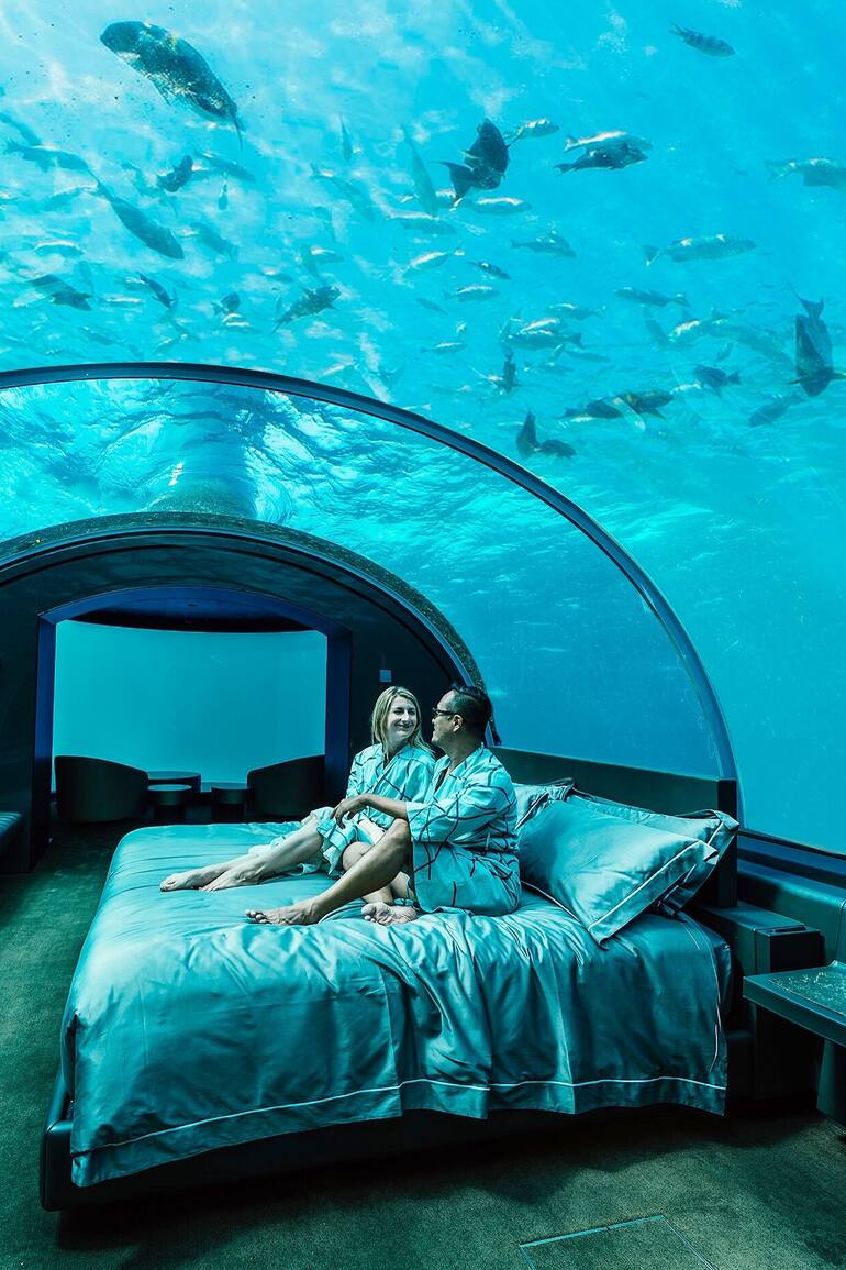 Habitación subacuática, en las Islas Maldivas.