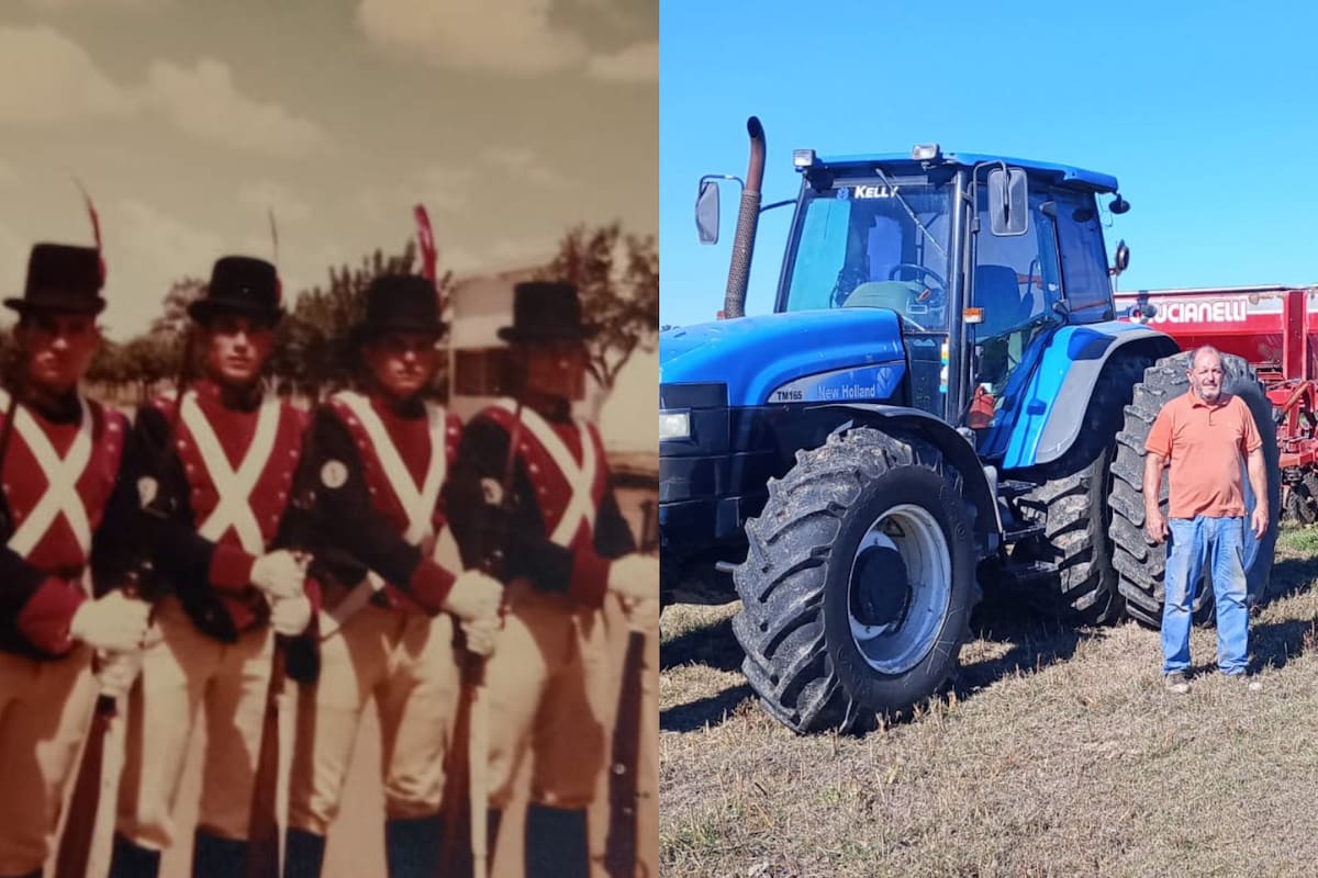 Hace 42 años, con su uniforme y la vida actual de Tarramasco como productor agropecuario y contratista rural