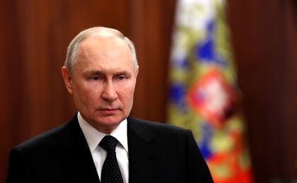 HANDOUT - 24 June 2023, Russia, Moscow: Russian President Vladimir Putin delivers a speech to the nation. Photo: -/Kremlin/dpa - ATTENTION: editorial use only and only if the credit mentioned above is referenced in full