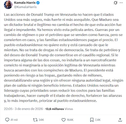 Harris sostiene que la intervención militar en Venezuela por parte de EE.UU. fue ilegal