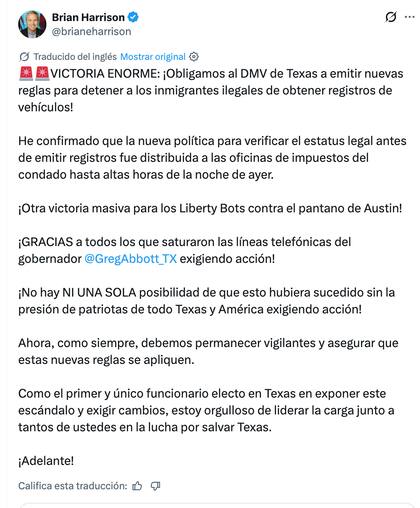 Harrison celebró la medida en sus redes sociales