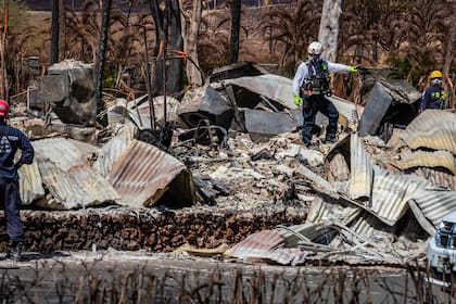 Esta imagen, cortesía del Ejército de EE.UU., muestra un elemento combinado de búsqueda, rescate y recuperación de la Fuerza de Tarea Conjunta 50 (CJTF-50) que realiza operaciones en áreas dañadas por incendios forestales en Lahaina, destruidas en los incendios forestales de Maui, el 15 de agosto de 2023