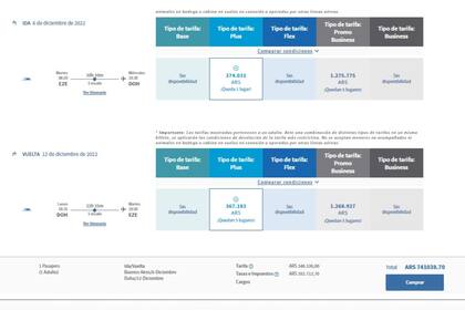 Hay promoción solo para ida o ida y vuelta (Captura Aerolíneas Argentinas)