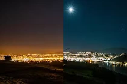 Hay una diferencia de cinco años entre el lado izquierdo y el derecho de la imagen; es el periodo en el que la ciudad de Dunedin, en Nueva Zelanda, cambió sus luces de sodio por luminarias LED