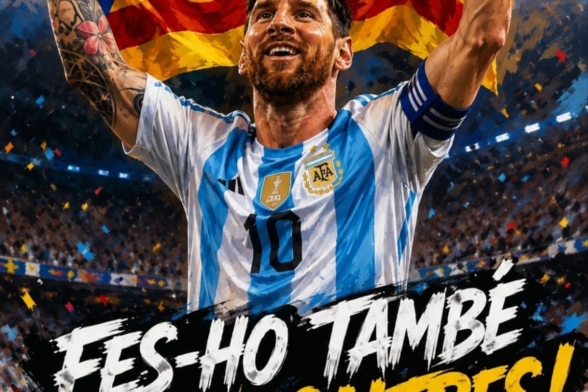 "Hazlo también por nosotros": el afiche de Messi con la camiseta argentina y la bandera independentista catalana, hecho por Roger Bassa, empresario y socio del Barça