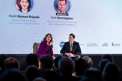 Heidi Gómez Rápalo junto a Neil Herrington, vicepresidente senior para las Américas de la U.S. Chamber of Commerce, durante el intercambio posterior a su presentación en el foro bilateral sobre minerales críticos