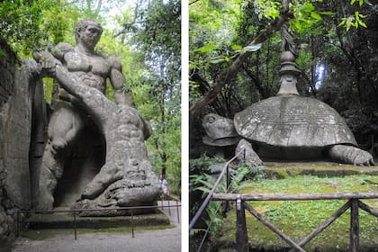 Hércules y Caco: La representación del héroe griego en plena faena contra el monstruo (izq.). Tortuga de piedra que sostiene un globo terráqueo en su caparazón (der.)