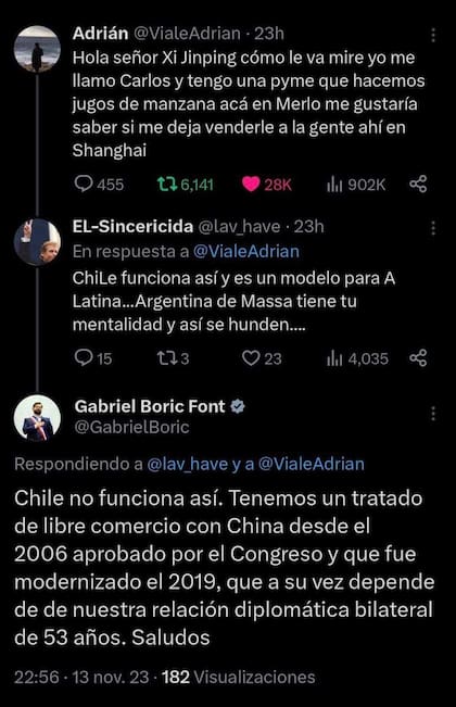 Hilo de tuits en el que el presidente de Chile, Gabriel Boric, defiende su vínculo con China.