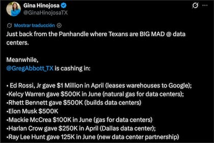 Hinojosa denunció el origen de los fondos de campaña de Greg Abbott, con varios inversionistas en centros de IA como sus principales donantes