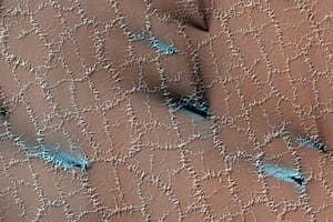 HiRISE capturó esta escena de primavera, cuando el hielo de agua congelado en el suelo dividió el suelo en polígonos. El hielo translúcido de dióxido de carbono permite que la luz del sol brille y caliente los gases que escapan a través de los respiraderos, liberando abanicos de material más oscuro sobre la superficie (que se muestra en azul en esta imagen en color mejorada).