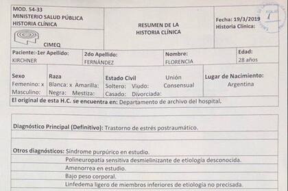 Historia clínica de Florencia Kirchner, publicada por Cristina