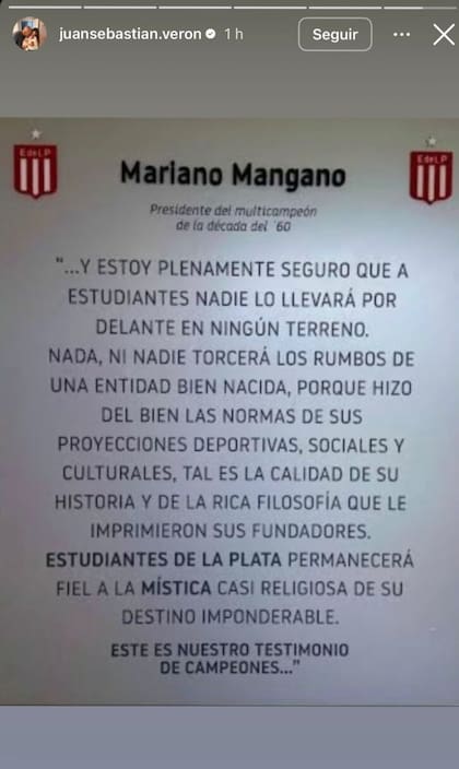 Historia de Instagram subida por Juan Sebastián Verón, luego de que la AFA premie a Rosario Central