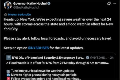 Hochul advirtió a los ciudadanos de Nueva York que se mantengan alerta ante posibles inundaciones