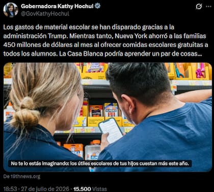 Hochul apuntó contra el aumento de costos en Estados Unidos antes de la vuelta a clases