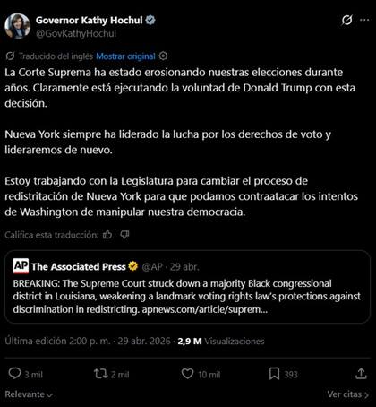 Hochul se suma a las criticas contra la resolución de la Corte Suprema