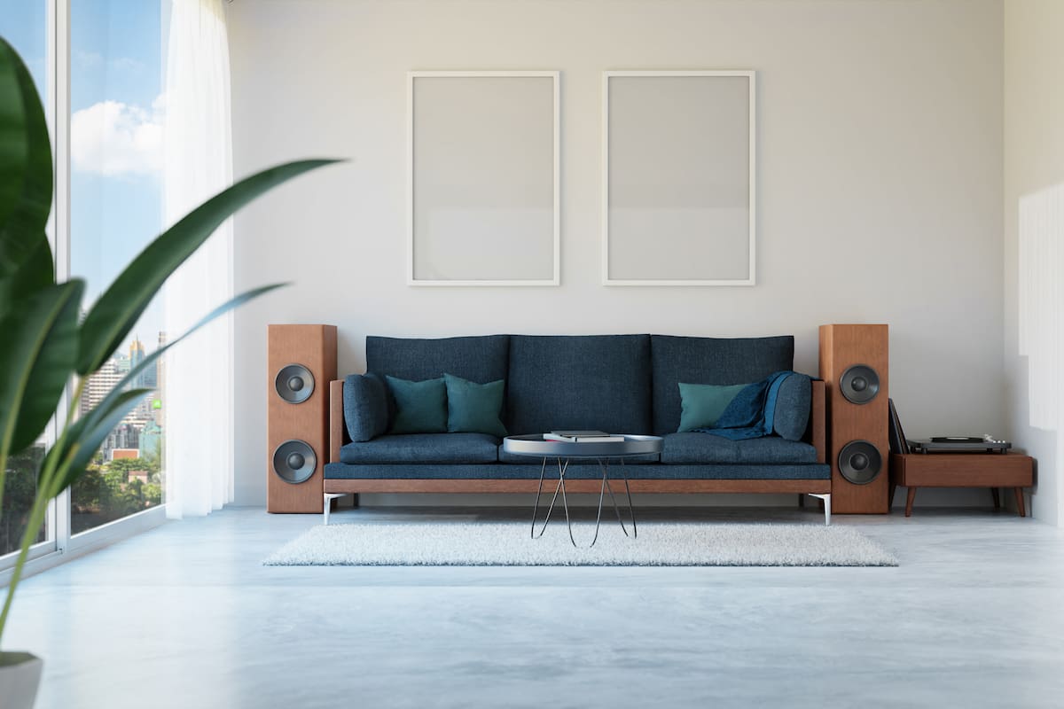 Home interior with plant, photo frame,vinyl record player and furniture. Photorealistic 3d rendering