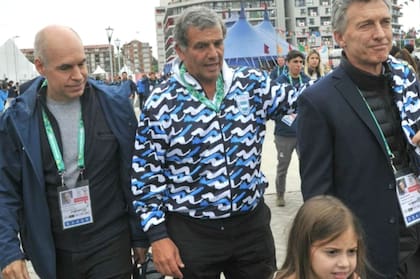 Horacio Rodríguez Larreta, Diógenes de Urquiza y Mauricio Macri, en los Juegos de la Juventud Buenos Aires 2018