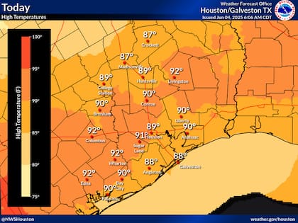 Houston (IAH): miércoles con máxima de 90 °F (32 °C) y 60% de probabilidad de tormentas por la tarde