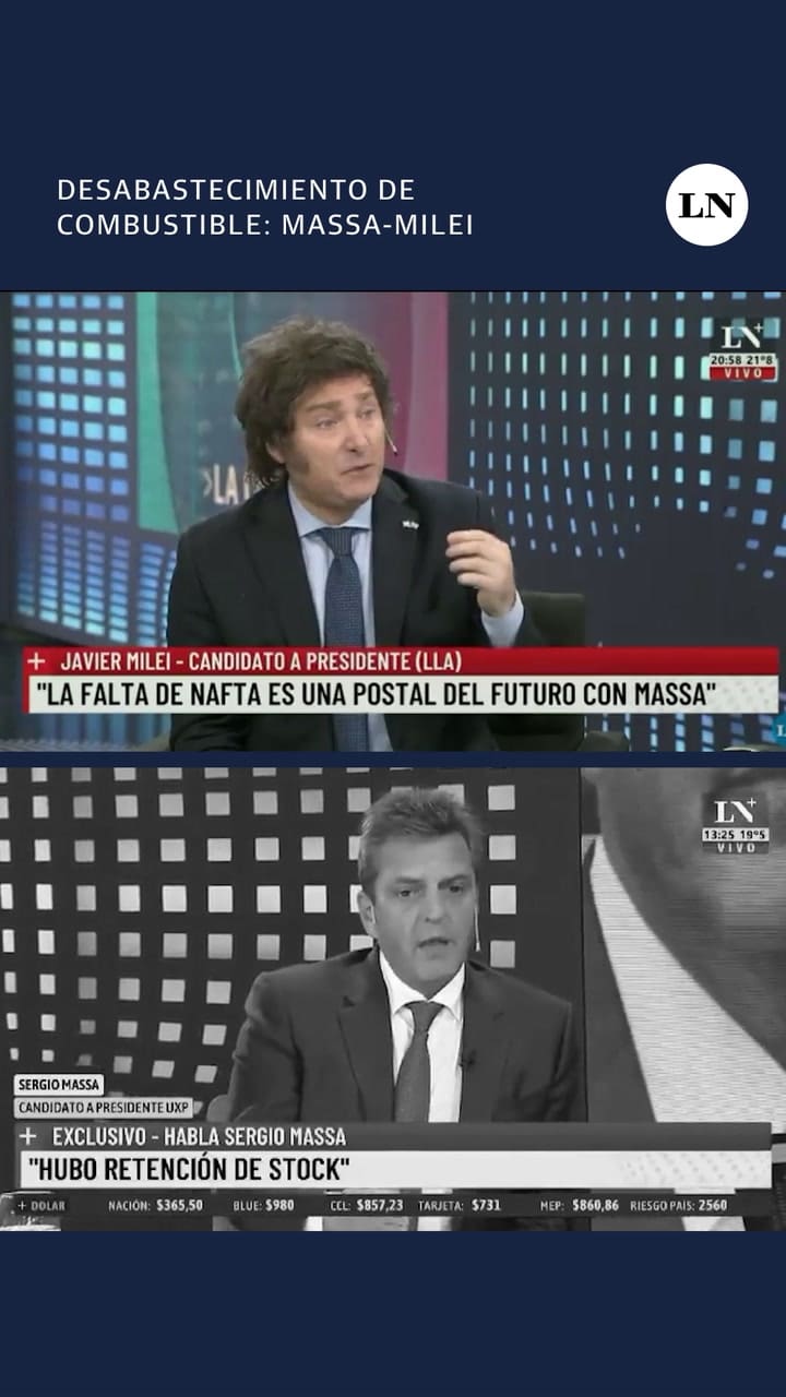 La opinión de Javier Milei y Sergio Massa sobre el desabastecimiento de combustible.