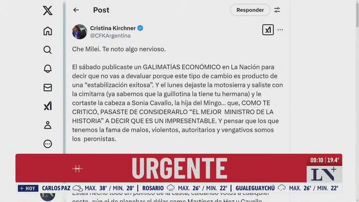 "Te noto algo nervioso": Cristina Kirchner a Milei, tras echar a dos funcionarios en un día